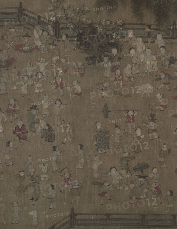 One Hundred Children at Play, 1100s - 1200s. Tradition of Su Hanchen (Chinese, active c. 1101-1125), tradition of Wang Juzhen (Chinese). Album leaf, ink and color on silk; image: 28.7 x 31.2 cm (11 5/16 x 12 5/16 in.); with mat: 33.3 x 40.5 cm (13 1/8 x 15 15/16 in.).