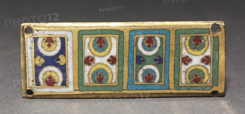Plaque from a Reliquary Shrine, c. 1170. Germany, Rhine Valley, Cologne, Romanesque period, 12th century. Gilded copper; champlevé and cloisonné enamel; overall: 2.7 x 7.2 cm (1 1/16 x 2 13/16 in.)
