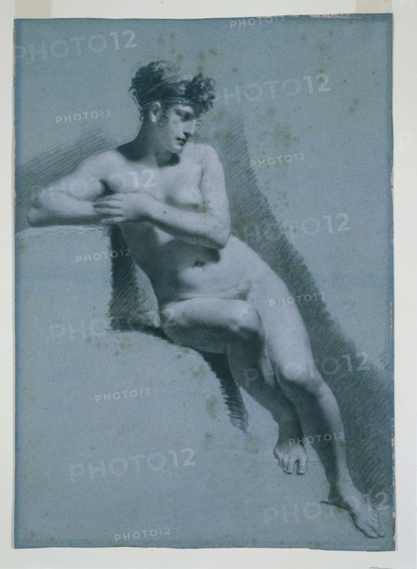 Study of a Nude Woman, Seated Looking to the Right (recto) Study of a Male Nude (verso), c. 1810. Pierre-Paul Prud'hon (French, 1758-1823). Black and white chalk (both stumped); sheet: 61.8 x 43.7 cm (24 5/16 x 17 3/16 in.).