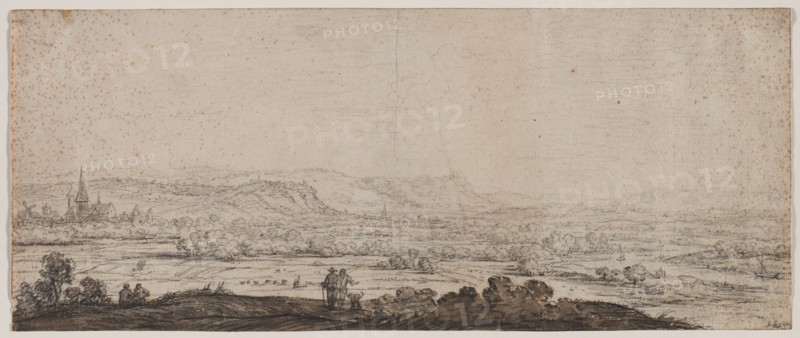 Landscape with the Village of Schenkenschanz, Gelderland, 1600s. Herman Saftleven (Dutch, 1609-1685). Black chalk and brush and brown wash; framing lines in graphite (top) and black ink; sheet: 51.2 x 21 cm (20 3/16 x 8 1/4 in.)