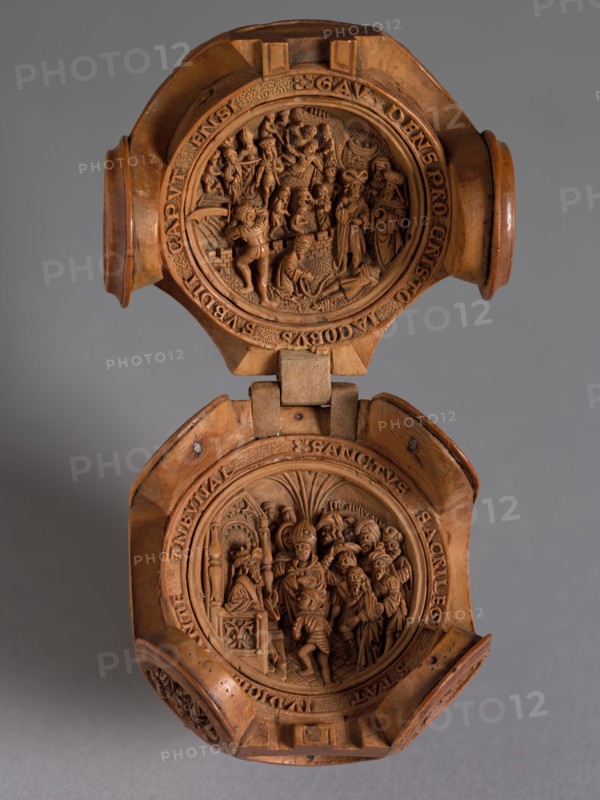 Prayer Nut with Scenes from the Life of St. James the Greater, c. 1500-1530. Adam Dircksz (Netherlandish, active c. 1500), and Workshop. Boxwood; overall: 5.8 x 4.8 cm (2 5/16 x 1 7/8 in.).