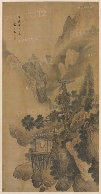 Lonely Retreat Overlooking a Misty Valley, 1630. Sheng Maoye (Chinese, active early 1600s). Hanging scroll, ink and slight color on silk; painting: 181.2 x 93 cm (71 5/16 x 36 5/8 in.); overall with knobs: 256.5 x 121.9 cm (101 x 48 in.).