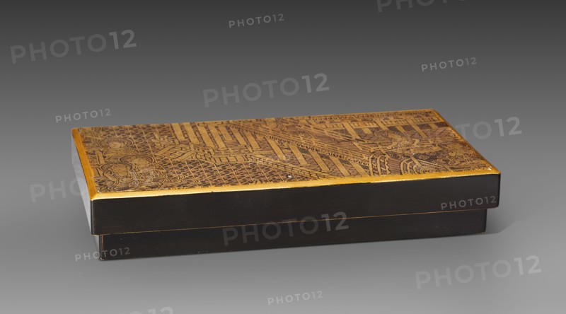 Fragment Mounted as a Box Cover with a Scene from Amida's Paradise, 1100s. Japan, late Heian Period (c. 900-1185). Gold lacquer on wood; overall: 2.6 x 7.8 cm (1 x 3 1/16 in.).