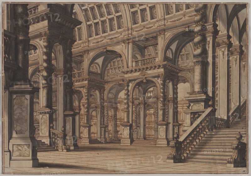 Monumental Vaulted Hall with Staircase, second quarter 18th century?. Giuseppe Galli Bibiena (Italian, 1696-1757). Pen and brown ink and brush and gray wash, with brush and brown wash and traces of yellow gouache; framing lines in brown ink; sheet: 31.6 x 45 cm (12 7/16 x 17 11/16 in.); image: 31 x 44.4 cm (12 3/16 x 17 1/2 in.).