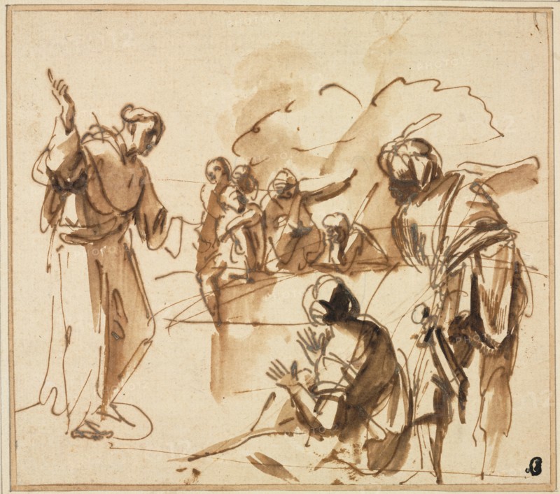 A Monk Preaching, mid 17th century?. Pier Francesco Mola (Italian, 1612-1666). Pen and brown ink (iron gall?) and brush and brown wash; sheet: 19.5 x 21.9 cm (7 11/16 x 8 5/8 in.); secondary support: 23.9 x 26.6 cm (9 7/16 x 10 1/2 in.).