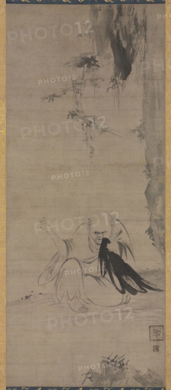 Choyo: Monk Sewing under Morning Sun, c. 1350 or earlier. Kao (Japanese, 1345). Hanging scroll, ink on paper; image: 84.3 x 35.2 cm (33 3/16 x 13 7/8 in.); overall: 168.5 x 47.7 cm (66 5/16 x 18 3/4 in.); with knobs: 168.5 x 52 cm (66 5/16 x 20 1/2 in.).