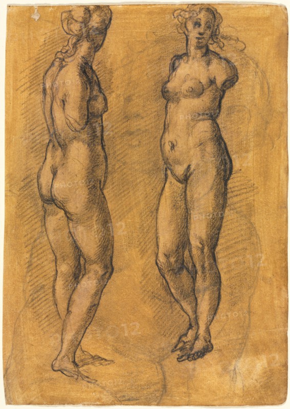 Copy of an Antique Statue of a Standing Woman (two views), over a Sketch of a Putto, 1570s. Jacopo Chimenti (Italian, c. 1554-1640). Black chalk heightened with traces of white paint and white chalk(?); sheet: 22.5 x 15.9 cm (8 7/8 x 6 1/4 in.).