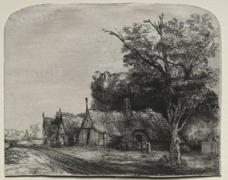 Landscape with Three Gabled Cottages beside a Road, 1650. Rembrandt van Rijn (Dutch, 1606-1669). Etching and drypoint; sheet: 16.2 x 20.4 cm (6 3/8 x 8 1/16 in.)