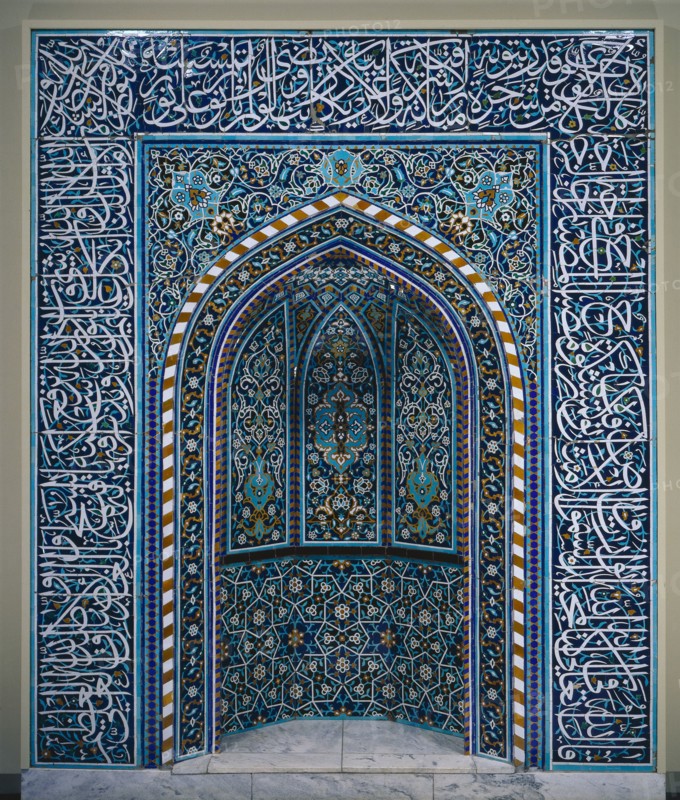 Prayer Niche (Mihrab), early 1600s. Iran, Isfahan. Ceramic mosaic; mihrab: 290.7 x 245.3 cm (114 7/16 x 96 9/16 in.); frieze: 69.2 x 1563.5 cm (27 1/4 x 615 9/16 in.).
