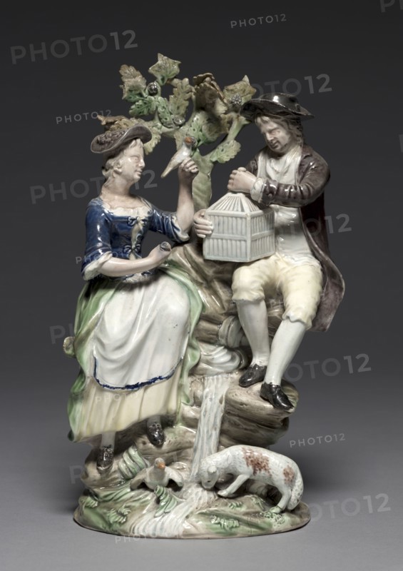Group with Birdcage, c. 1770. Staffordshire Factory (British), John Voyez (French). Lead glazed earthenware; overall: 26.7 x 17.8 cm (10 1/2 x 7 in.); diameter of base: 11.5 cm (4 1/2 in.).