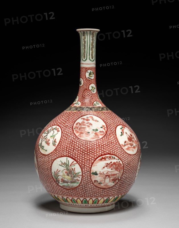 Bottle Vase: Kutani Ware, late 17th or early 18th century. Japan, Ishikawa Prefecture, Kutani Village Kilns, Edo Period (1615-1868). Porcelain with decoration in colored enamels; diameter of mouth: 4.7 cm (1 7/8 in.); overall: 36 x 21.6 cm (14 3/16 x 8 1/2 in.).