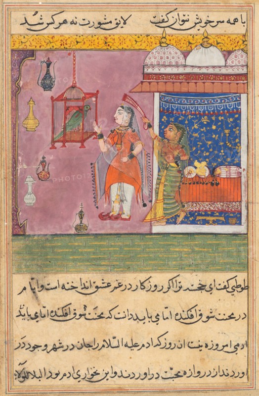 Page from Tales of a Parrot (Tuti-nama): Nineteenth night: The parrot addresses Khujasta at the beginning of the nineteenth night, c. 1560. India, Mughal, Reign of Akbar, 16th century. Opaque watercolor, ink and gold on paper;