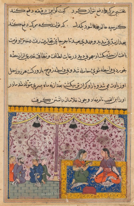Page from Tales of a Parrot (Tuti-nama): Twenty-third night: The merchant’s daughter gives birth to a son as a result of eating out of the box. The clever child recognizes the false gems from the true, c. 1560. India, Mughal, Reign of Akbar, 16th century. Opaque watercolor, ink and gold on paper