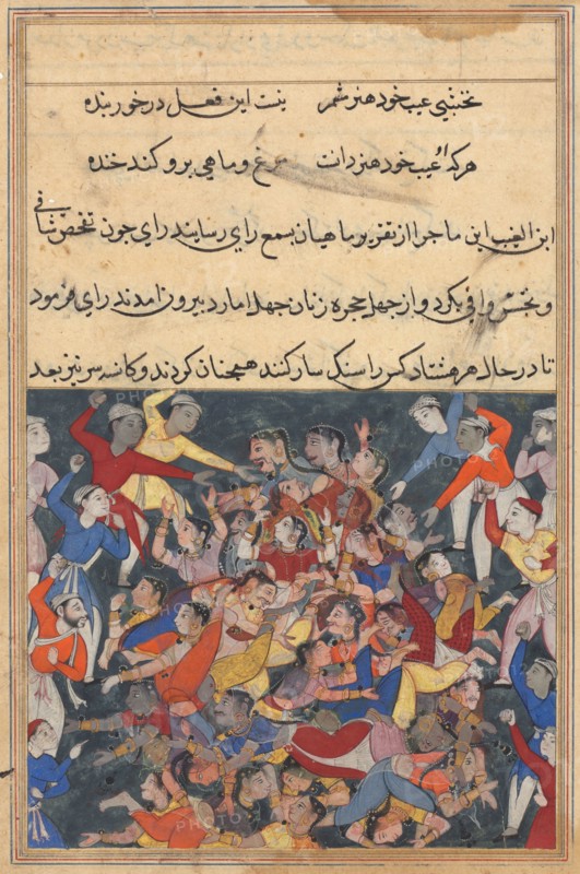 Page from Tales of a Parrot (Tuti-nama): Twenty-third night: The forty wives and their secret paramours being punished by stoning to death, c. 1560. India, Mughal, Reign of Akbar, 16th century. Opaque watercolor, ink and gold on paper;