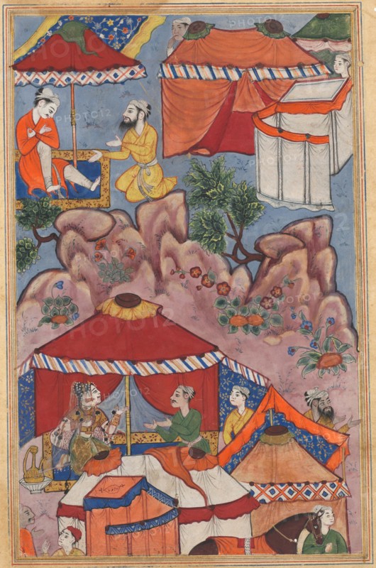 Page from Tales of a Parrot (Tuti-nama): Twenty-fourth night: Bashir confides his love for Habbaza to an Arab friend, and sends him to her with a message, c. 1560. India, Mughal, Reign of Akbar, 16th century. Opaque watercolor and gold on paper;