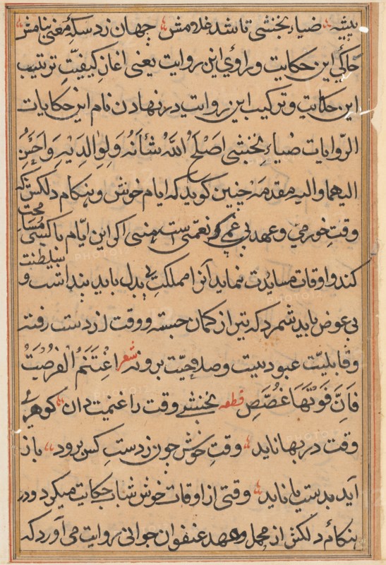 Page from Tales of a Parrot (Tuti-nama): text page, c. 1560. India, Mughal, Reign of Akbar, 16th century. Ink and gold on paper; overall: 20 x 14.3 cm (7 7/8 x 5 5/8 in.); text field: 16.4 x 10.5 cm (6 7/16 x 4 1/8 in.).