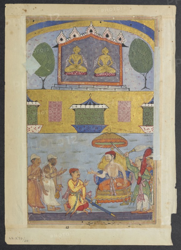 Page from Tales of a Parrot (Tuti-nama): Third night: The goldsmith and the carpenter inform the king of a dream in which the golden images plan to desert the city for lack of worshippers, c. 1560. India, Mughal, Reign of Akbar, 16th century. Opaque watercolor and gold on paper;