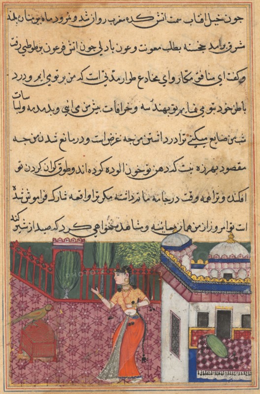 Page from Tales of a Parrot (Tuti-nama): Thirty-third night: The parrot addresses Khujasta at the beginning of the thirty-third night, c. 1560. India, Mughal, Reign of Akbar, 16th century. Opaque watercolor, ink and gold on paper;