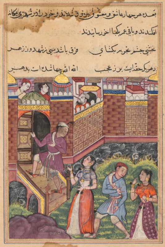 Page from Tales of a Parrot (Tuti-nama): Thirty-third night: The two couples reach a foreign city where they make their home, c. 1560. India, Mughal, Reign of Akbar, 16th century. Opaque watercolor, ink and gold on paper;