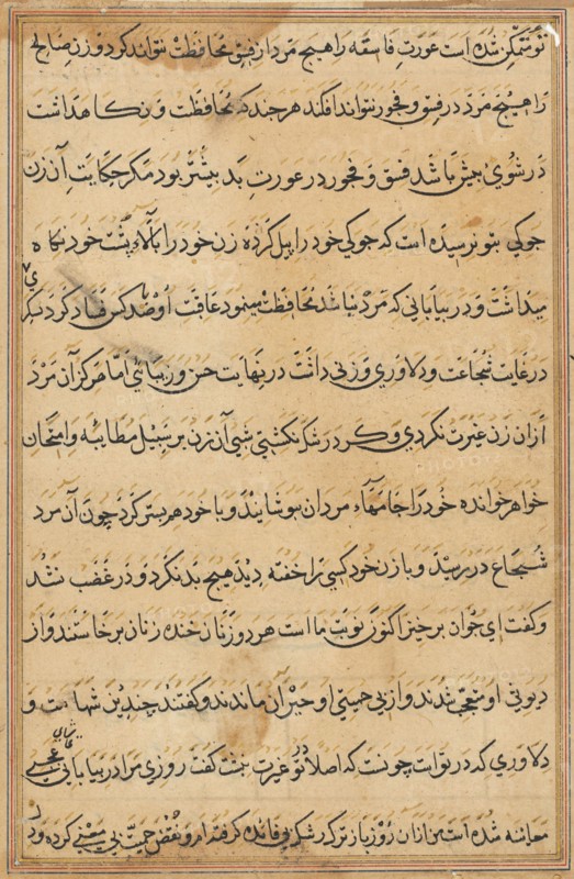 Page from Tales of a Parrot (Tuti-nama): text page, c. 1560. India, Mughal, Reign of Akbar, 16th century. Ink and gold on paper; overall: 20 x 14.5 cm (7 7/8 x 5 11/16 in.); text field: 16.6 x 10.5 cm (6 9/16 x 4 1/8 in.).