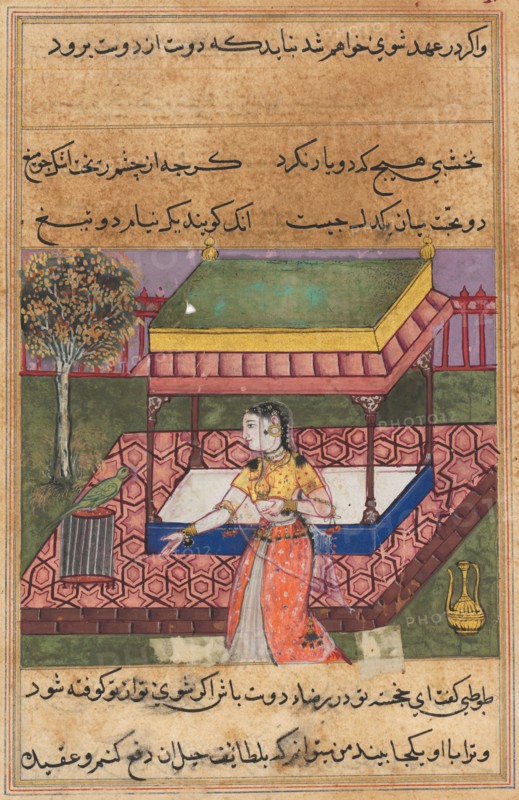 Page from Tales of a Parrot (Tuti-nama): Fortieth night: The parrot addresses Khujasta at the beginning of the fortieth night, c. 1560. India, Mughal, Reign of Akbar, 16th century. Opaque watercolor, ink and gold on paper