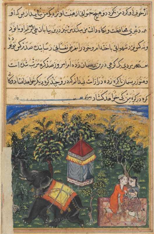 Page from Tales of a Parrot (Tuti-nama): Fourth night: The mendicant’s wife deceives him with a soldier, c. 1560. India, Mughal, Reign of Akbar, 16th century. Opaque watercolor, gold and ink on paper; overall: 20 x 13.5 cm (7 7/8 x 5 5/16 in.).