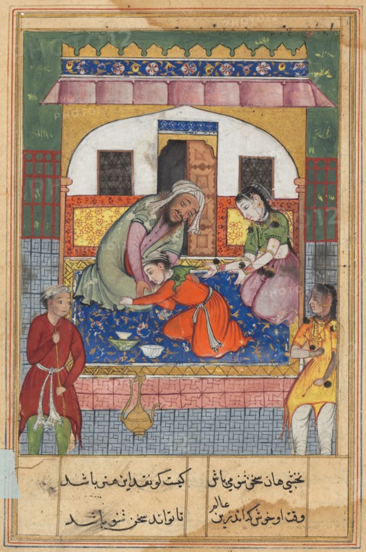 Page from Tales of a Parrot (Tuti-nama): Forty-second night: Repenting his conduct, ‘Ubaid falls at the feet of his parents, c. 1560. India, Mughal, Reign of Akbar, 16th century. Opaque watercolor, ink and gold on paper