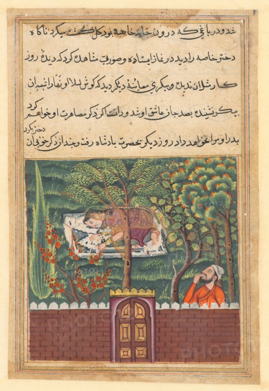 Page from Tales of a Parrot (Tuti-nama): Fifty-first night: Khulasa, a vizier, sees the daughter of Khassa, another vizier, and covets her, c. 1560. India, Mughal, Reign of Akbar, 16th century. Opaque watercolor, ink and gold on paper;