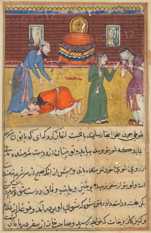 Page from Tales of a Parrot (Tuti-nama): Fifty-second night: The pious man’s son, now a king, reveals himself to his father.  His nurse upbraids his unfaithful mother, c. 1560. India, Mughal, Reign of Akbar, 16th century. Opaque watercolor, ink and gold on paper