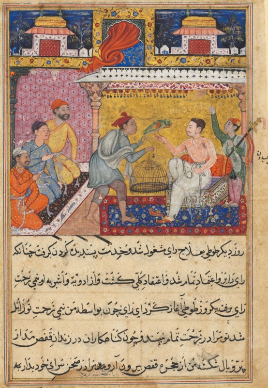 Page from Tales of a Parrot (Tuti-nama): Fifth night: The hunter offers the mother parrot to the king of Kamarupa, c. 1560. Basavana (Indian, active c. 1560–1600). Opaque watercolor, ink and and gold on paper; page: 20 x 14.3 cm (7 7/8 x 5 5/8 in.); painting: 10.2 x 10.7 cm (4 x 4 3/16 in.).