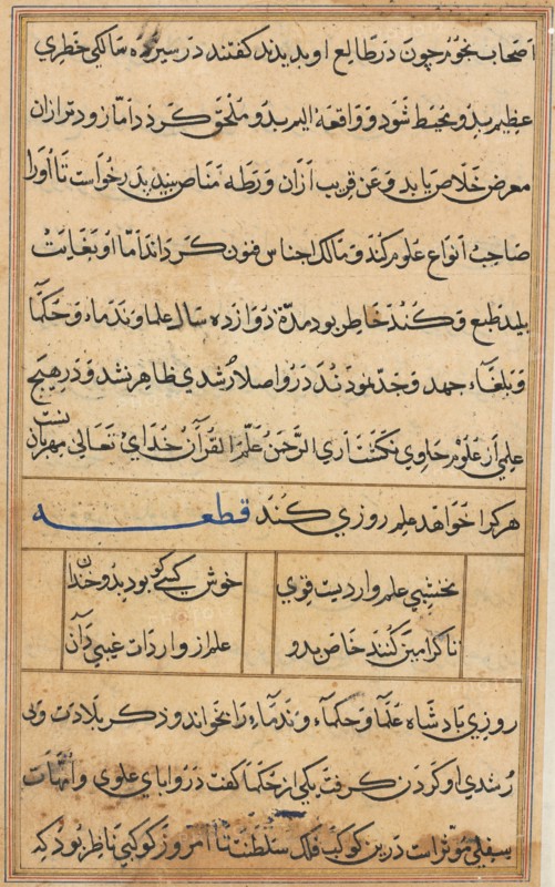 Page from Tales of a Parrot (Tuti-nama): text page, c. 1560. India, Mughal, Reign of Akbar, 16th century. Ink and gold on paper; overall: 20.1 x 14.4 cm (7 15/16 x 5 11/16 in.); text field: 16.6 x 10 cm (6 9/16 x 3 15/16 in.).
