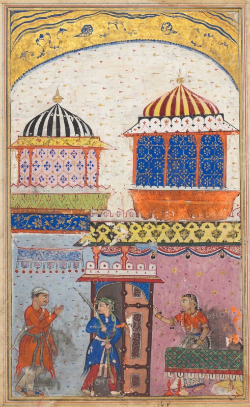 Page from Tales of a Parrot (Tuti-nama): Eighth night: A woman asks her lover to leave her house, brandishing his sword and feigning rage in order to deceive her husband who has just arrived, c. 1560. India, Mughal, Reign of Akbar, 16th century. Opaque watercolor and gold on paper;