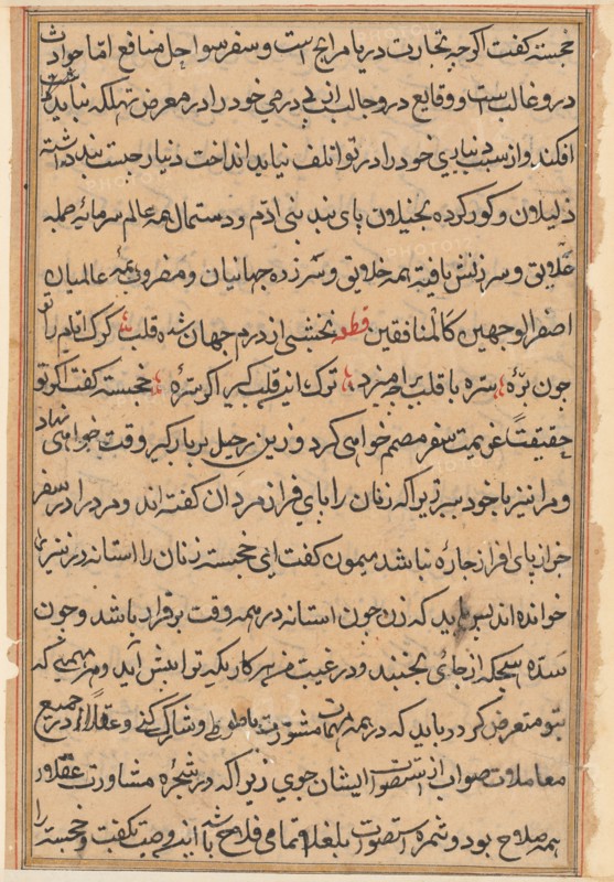 Page from Tales of a Parrot (Tuti-nama): text page, c. 1560. India, Mughal, Reign of Akbar, 16th century. Ink and gold on paper; overall: 20 x 14.4 cm (7 7/8 x 5 11/16 in.); text field: 16.6 x 10.7 cm (6 9/16 x 4 3/16 in.).