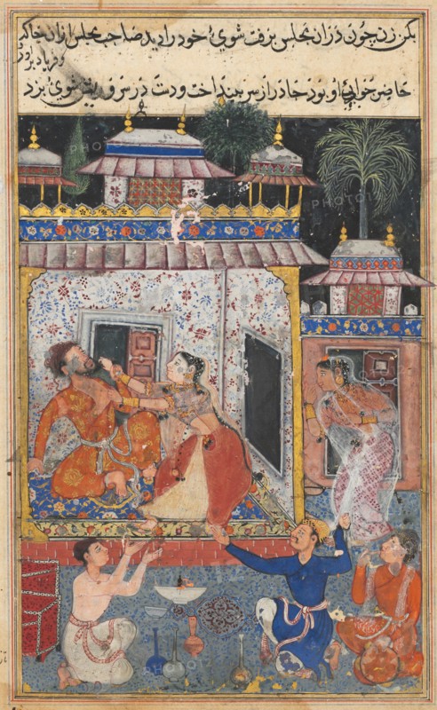 Page from Tales of a Parrot (Tuti-nama): Eighth night: The deceitful wife assaults her erring husband, c. 1560. India, Mughal, Reign of Akbar, 16th century. Opaque watercolor, ink and gold on paper; overall: 20 x 13.6 cm (7 7/8 x 5 3/8 in.).