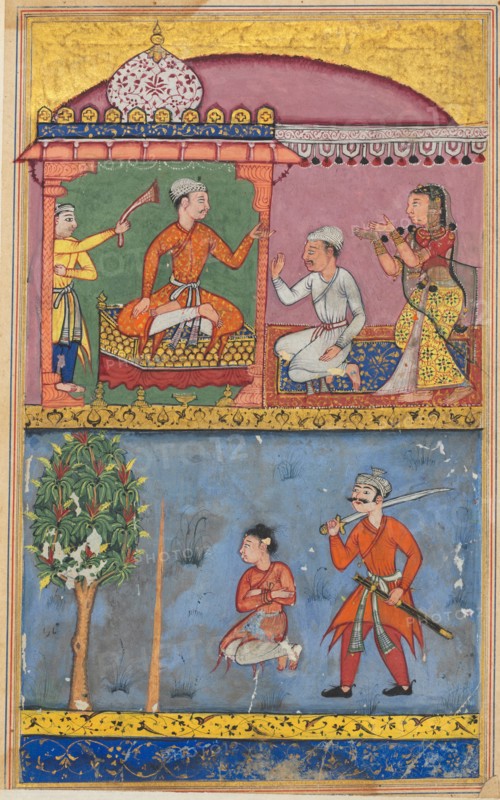 Page from Tales of a Parrot (Tuti-nama): Eighth night: The handmaiden appeals for justice and the prince is taken to the execution site for the fourth time, c. 1560. Tara Chand (Indian). Opaque watercolor and gold on paper; overall: 20 x 14.4 cm (7 7/8 x 5 11/16 in.).