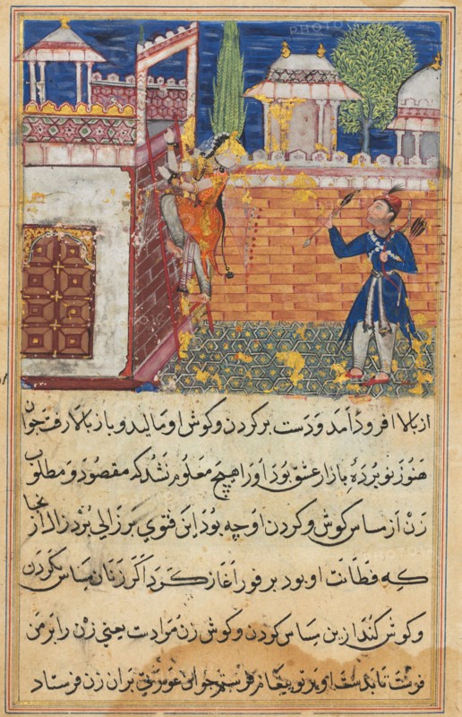 Page from Tales of a Parrot (Tuti-nama): Eighth night: The deceitful wife returns to her terrace after caressing her lover, 1558-1560. Shravana (Indian). Opaque watercolor, ink, and gold on paper;