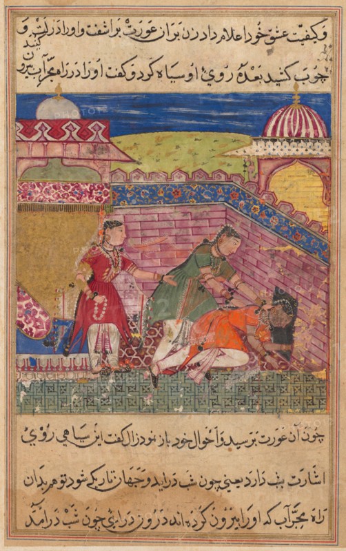 Page from Tales of a Parrot (Tuti-nama): Eighth night: The deceitful wife ejects the procuress after blackening her face, 1558-1560. Shravana (Indian). Opaque watercolor, ink, and gold on paper;