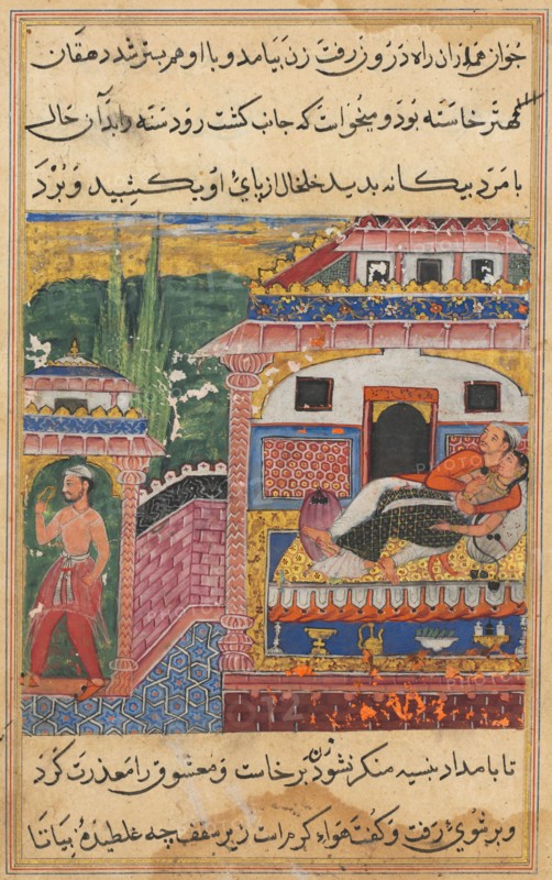 Page from Tales of a Parrot (Tuti-nama): Eighth night: The farmer, father of the son with the deceitful wife, steals away with her anklet while she is in bed with her lover, 1558-1560. India, Mughal, Reign of Akbar (1556-1605), 16th century. Opaque watercolor, ink, and gold on paper;