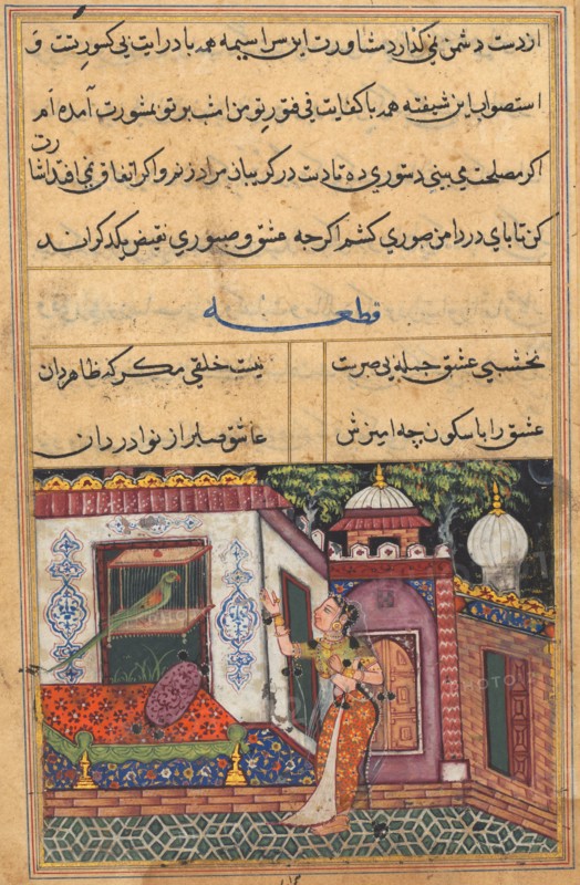 Page from Tales of a Parrot (Tuti-nama): Eleventh night: The parrot addresses Khujasta at the beginning of the eleventh night, c. 1560. India, Mughal, Reign of Akbar, 16th century. Opaque watercolor, ink and gold on paper; overall: 20.1 x 13.6 cm (7 15/16 x 5 3/8 in.).
