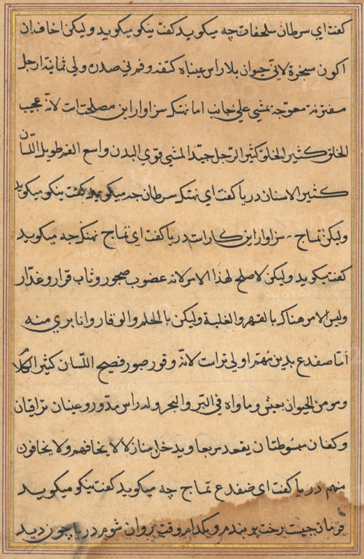 Page from Tales of a Parrot (Tuti-nama): text page, c. 1560. India, Mughal, Reign of Akbar, 16th century. Ink and gold on paper;