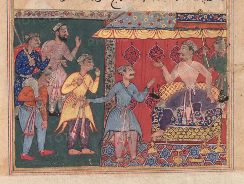 Tales of a Parrot (Tuti-nama): The Twelfth Night: King Bhojaraja tries in vain to ascertain the whereabouts of the pearl from the four traveling companions, c. 1560. India, Mughal court, reign of Akbar (1556-1605), 16th century. Opaque watercolor, gold, and ink on paper;