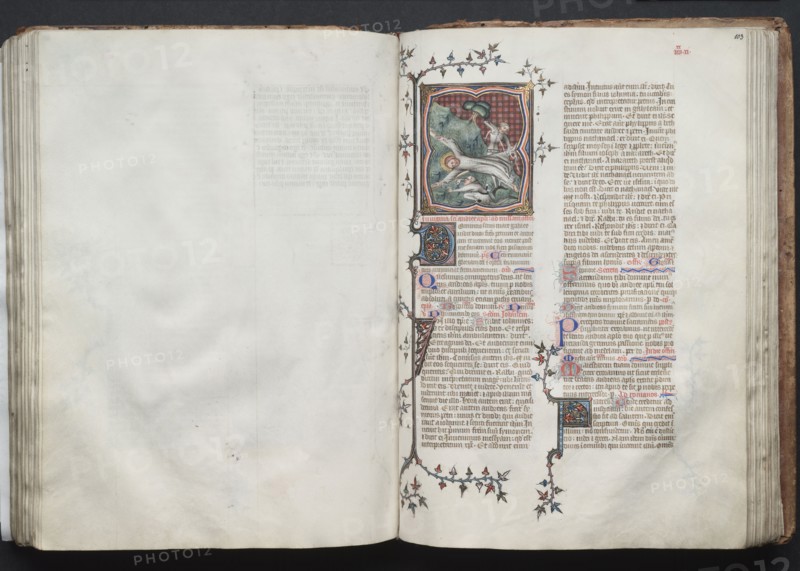 The Gotha Missal:  Fol. 102v, Text, c. 1375. And workshop Master of the Boqueteaux (French). Ink, tempera, and gold on vellum; blind-tooled leather binding; codex: 27.1 x 19.5 cm (10 11/16 x 7 11/16 in.).