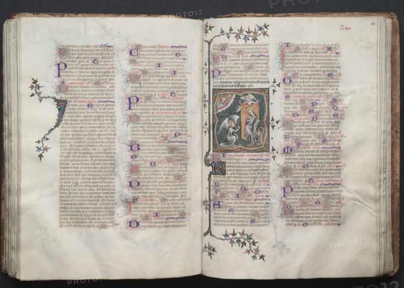 The Gotha Missal:  Fol. 110r, The Annunciation, c. 1375. And workshop Master of the Boqueteaux (French). Ink, tempera, and gold on vellum; blind-tooled leather binding; codex: 27.1 x 19.5 cm (10 11/16 x 7 11/16 in.)