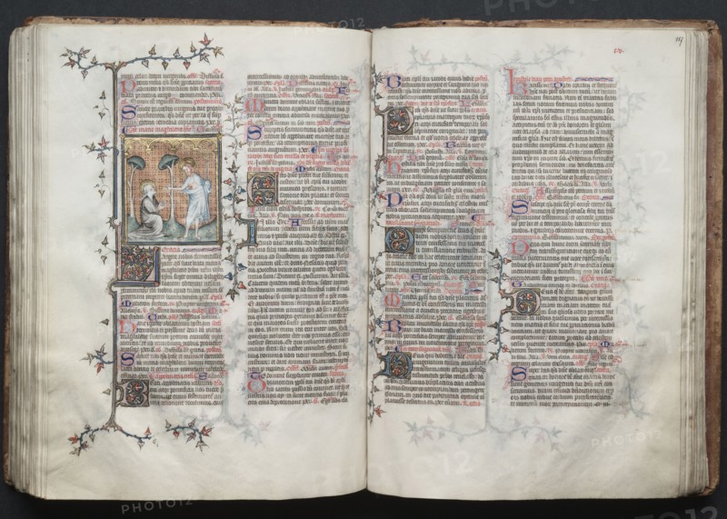 The Gotha Missal:  Fol. 116v, St. Mary Magdalene Kneels, c. 1375. And workshop Master of the Boqueteaux (French). Ink, tempera, and gold on vellum; blind-tooled leather binding; codex: 27.1 x 19.5 cm (10 11/16 x 7 11/16 in.)