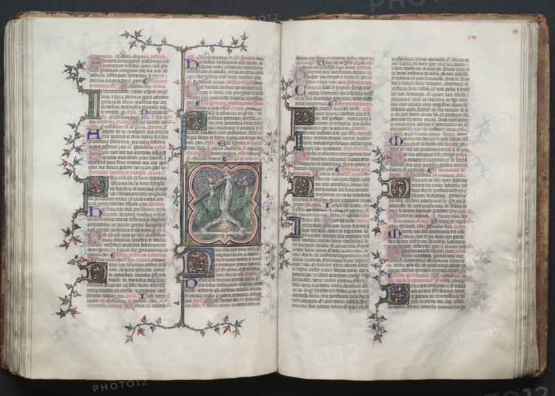 The Gotha Missal:  Fol. 117v, St. Peter Tied Upside Down to Cross, c. 1375. And workshop Master of the Boqueteaux (French). Ink, tempera, and gold on vellum; blind-tooled leather binding; codex: 27.1 x 19.5 cm (10 11/16 x 7 11/16 in.)