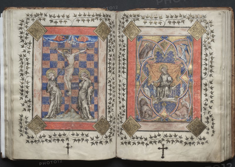 The Gotha Missal:  Fol. 63v, Crucifixion, c. 1375. And workshop Master of the Boqueteaux (French). Ink, tempera, and gold on vellum; blind-tooled leather binding; codex: 27.1 x 19.5 cm (10 11/16 x 7 11/16 in.)