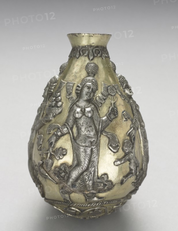 Anahita Vessel, 300-500. Sasanian, Iran, 4th-5th Century. Silver, cast, raised, repoussé, chased, and gilted; overall: 18.5 x 11.5 cm (7 5/16 x 4 1/2 in.).