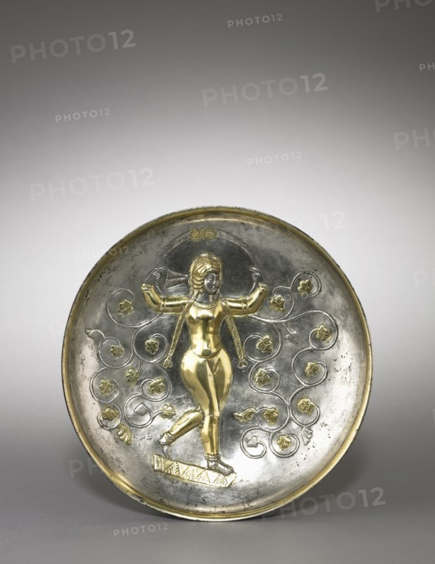 Dish: The Goddess Anahita, 400-600. Iran, Sasanian, 5th-6th Century. Silver gilt; overall: 4.6 x 21.6 cm (1 13/16 x 8 1/2 in.).