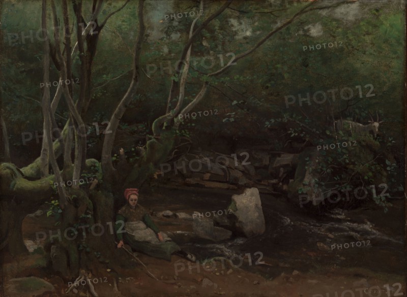 Lormes:  Goat-Girl Sitting Beside a Stream in a Forest, 1842. Jean Baptiste Camille Corot (French, 1796-1875). Oil on fabric; unframed: 52.3 x 70.3 cm (20 9/16 x 27 11/16 in.)