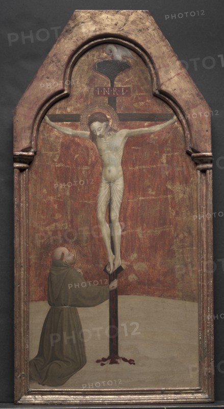 St. Francis Kneeling before Christ on the Cross, 1437-1444. Sassetta (Italian, 1392-1450). Tempera and gold on wood; framed: 91 x 46.5 x 4.5 cm (35 13/16 x 18 5/16 x 1 3/4 in.); unframed: 81 x 40.2 cm (31 7/8 x 15 13/16 in.).